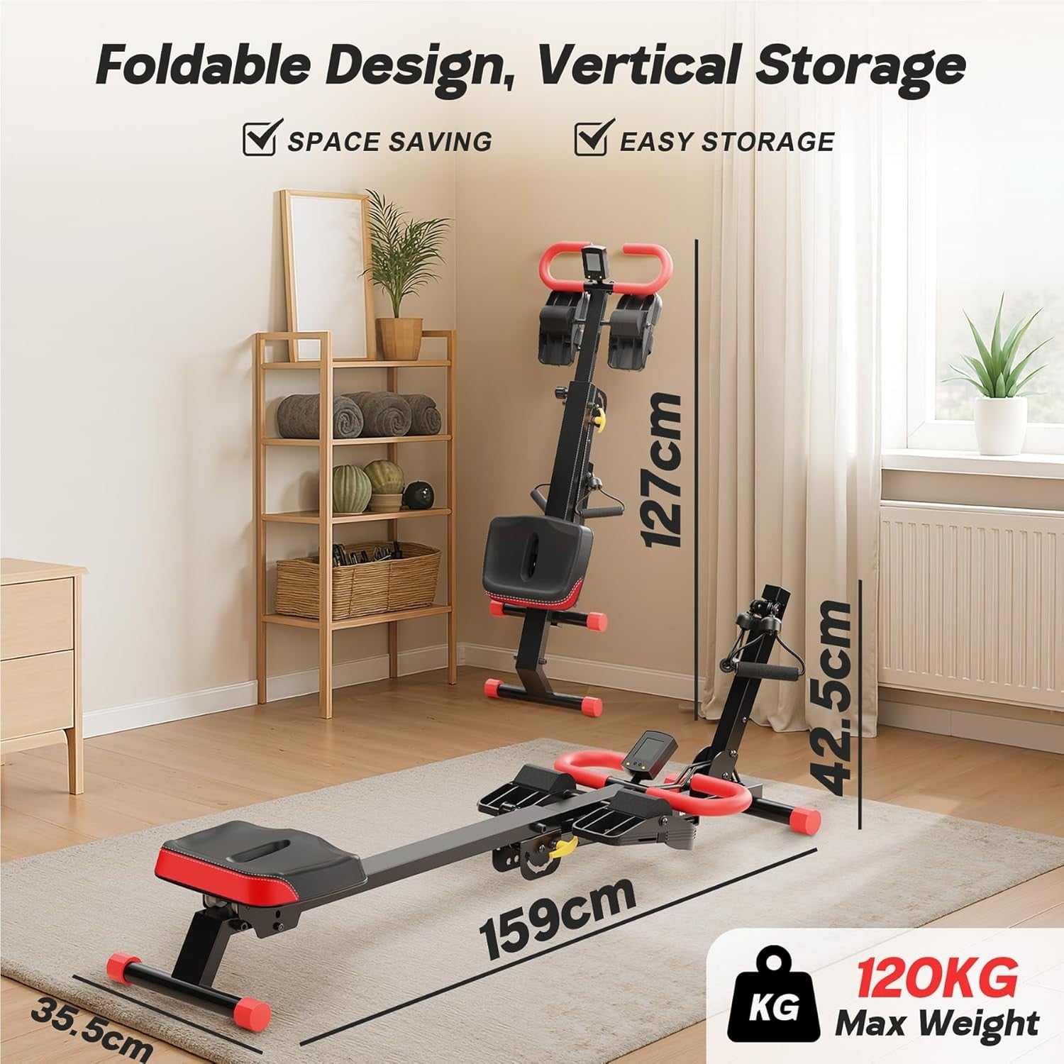 4 in 1 Foldable Rowing Machine Ab Trainer w LCD Adjustable Home Gym