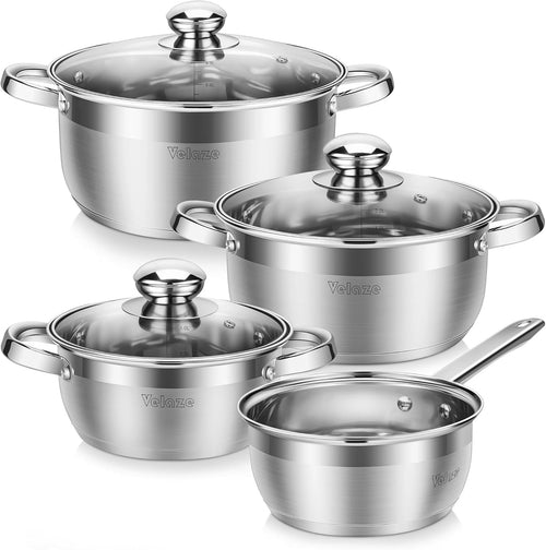 7Pcs Stainless Steel Cookware Pot Set with Glass Lids Induction & Gas Compatible