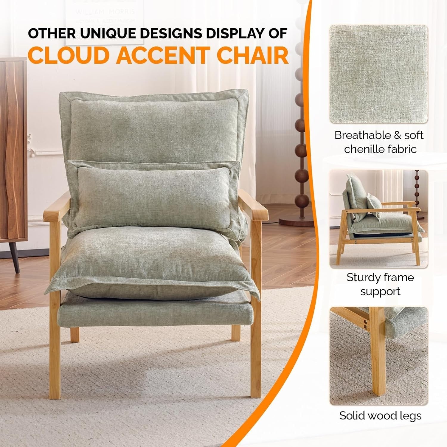 Modern Mid-Century Accent Armchair with Plush Cushion & Wooden Frame, Cozy