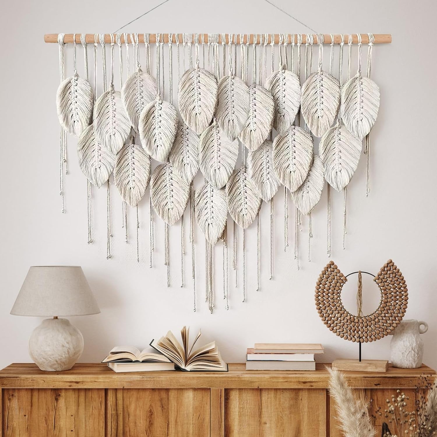 Beige Large Leaf Macrame Wall Hanging 39"x29.5" Boho Decor