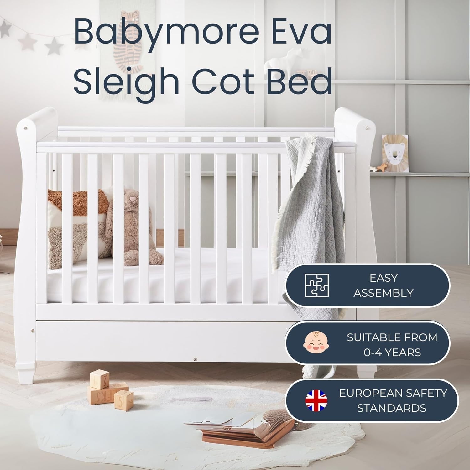 Baby Cot Bed Convertible Toddler Day Bed Adjustable Height Drop Side Bed White