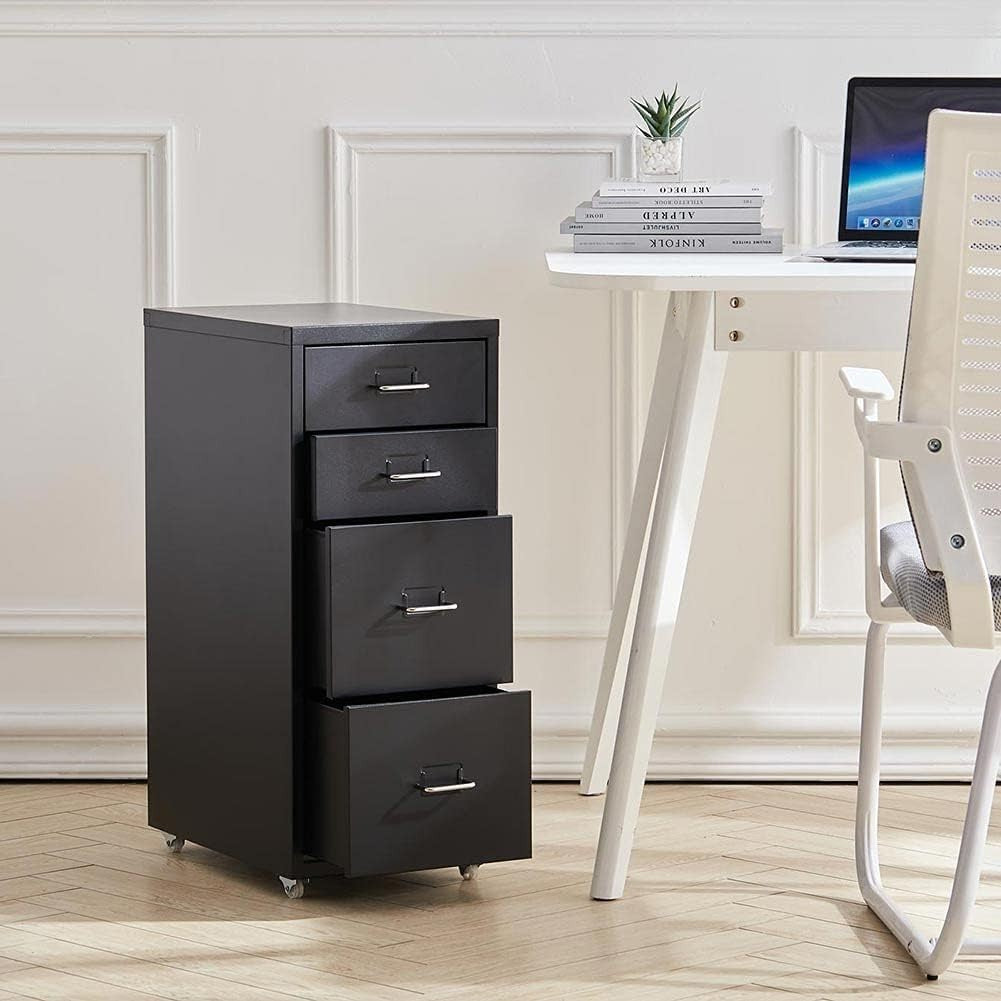 Black Mobile Filing Cabinet 4 Drawer 68cm Rolling Office Storage