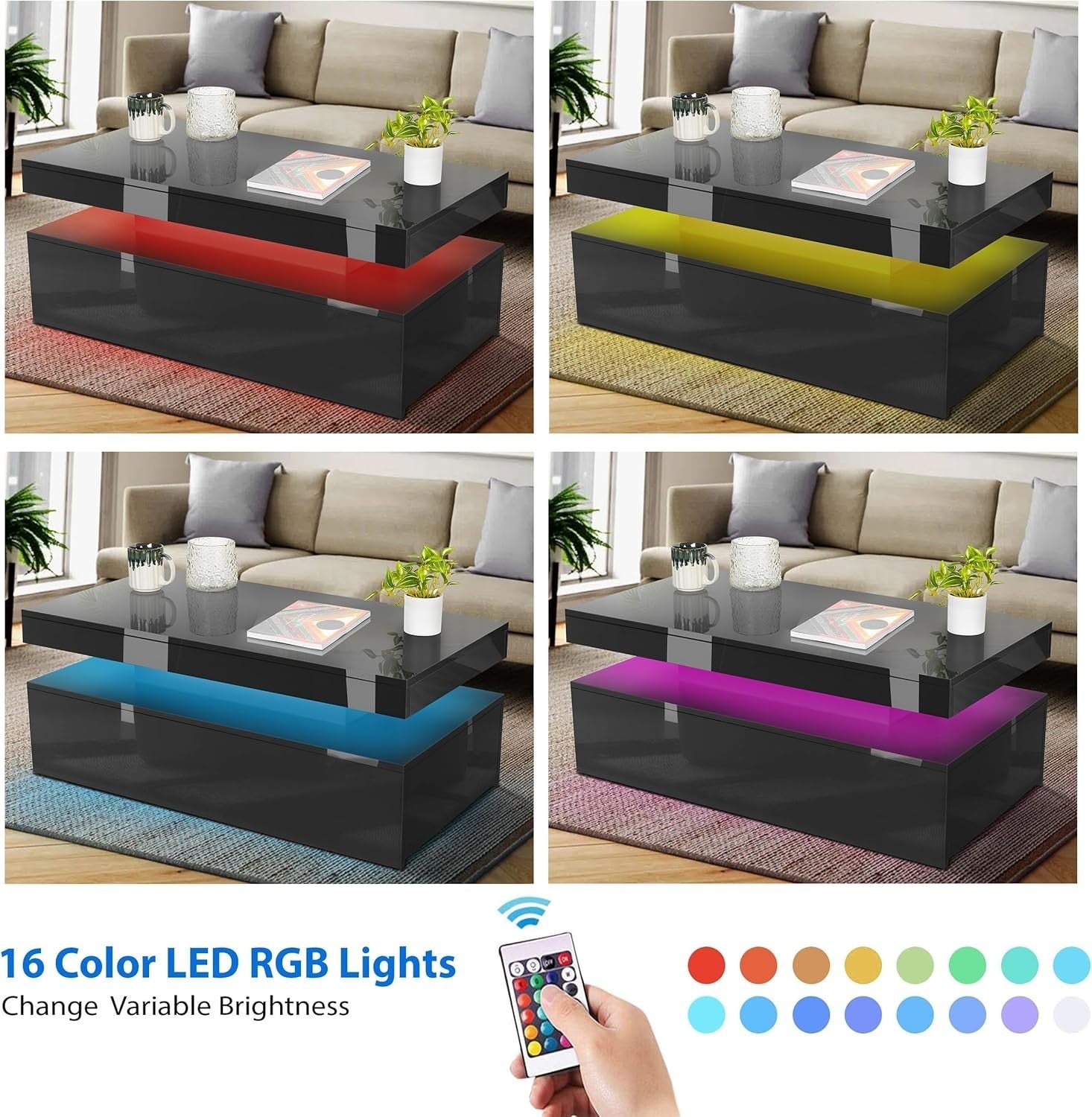 Black Gloss LED Coffee Table with Storage Drawers & Remote Lights | 94cm