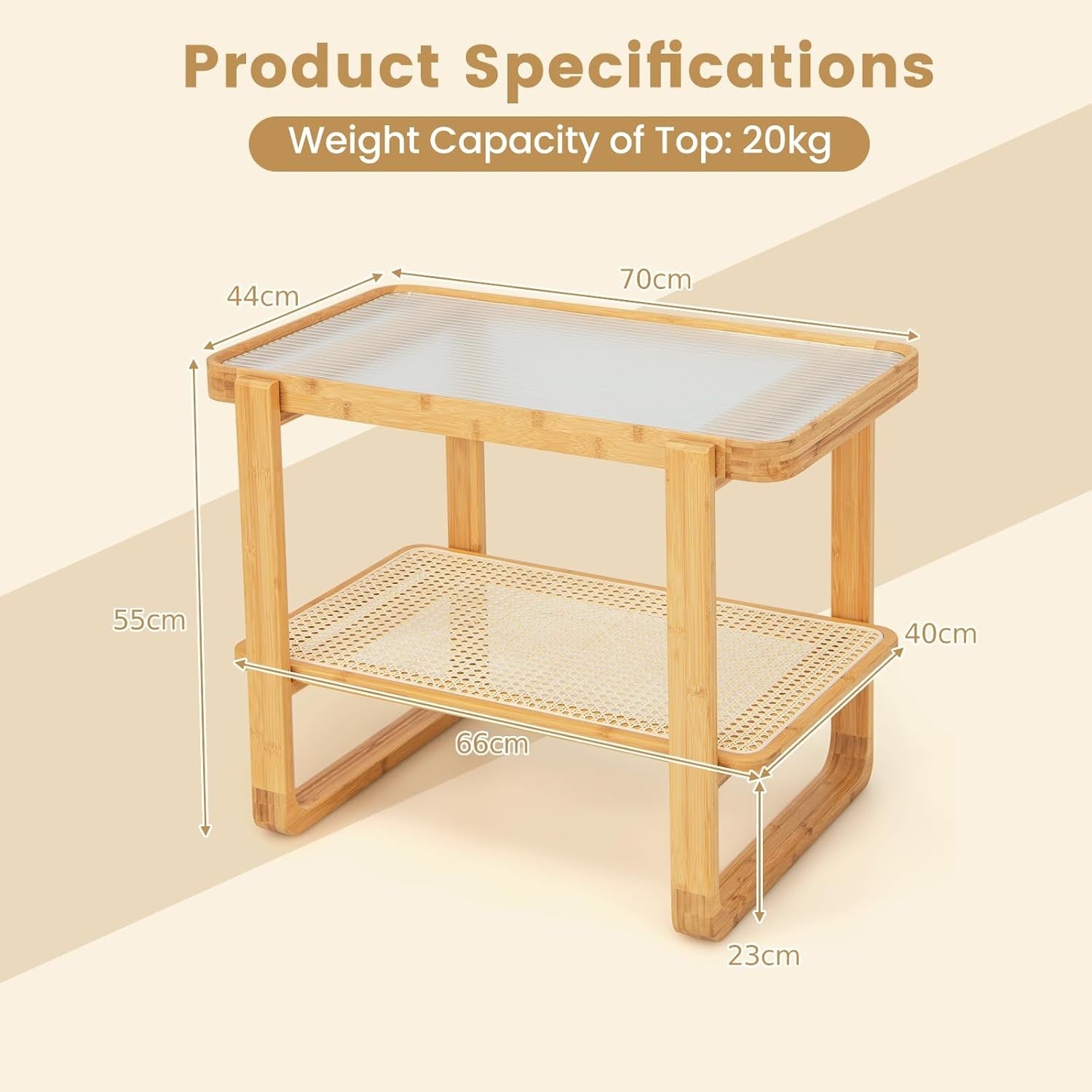 Modern Bamboo Side Table with Tempered Glass Top, 2-Tier Storage Shelf 70x44x55c