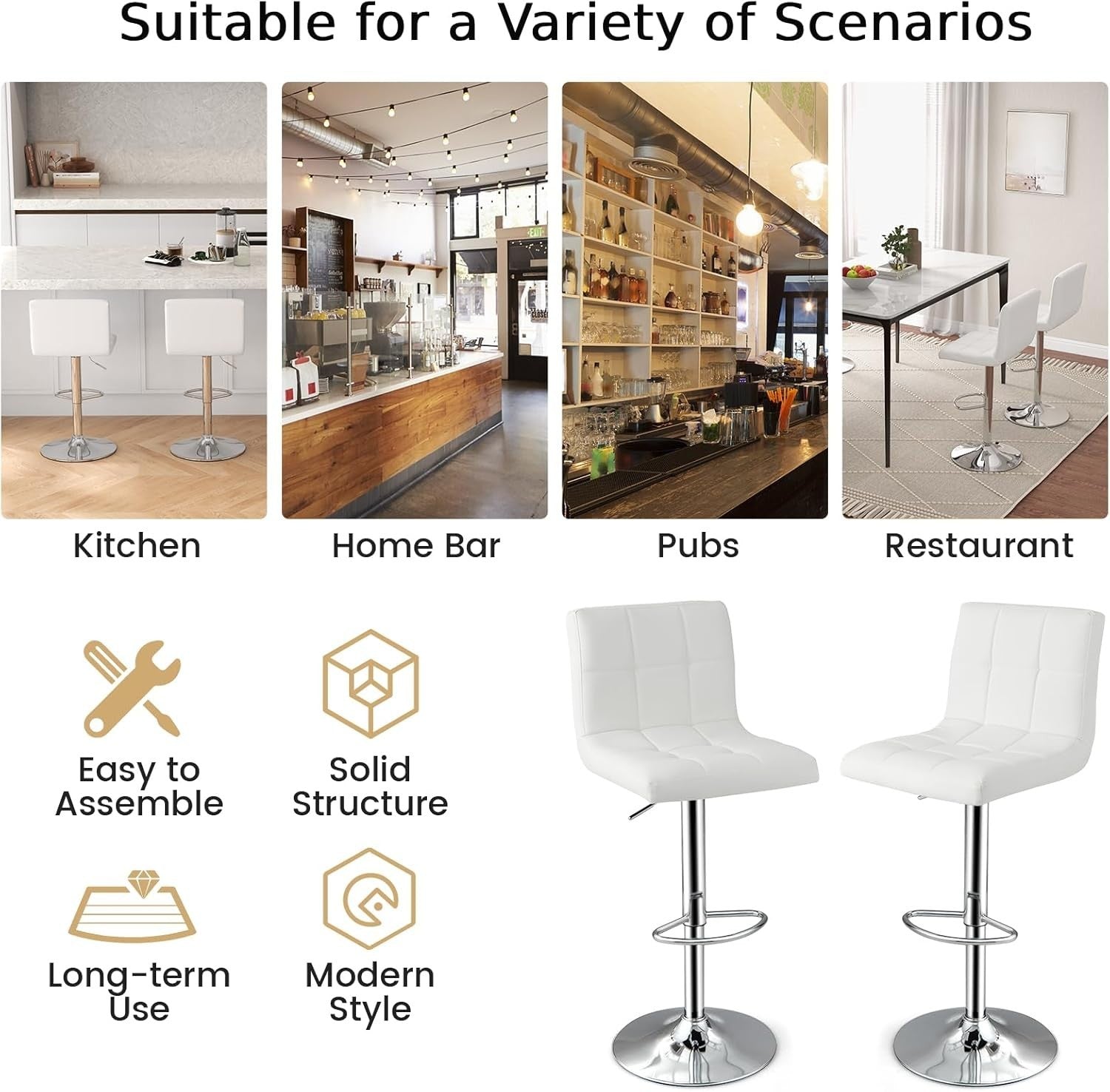 Set of 2 Adjustable White PU Leather Bar Stools with Swivel & Footrest