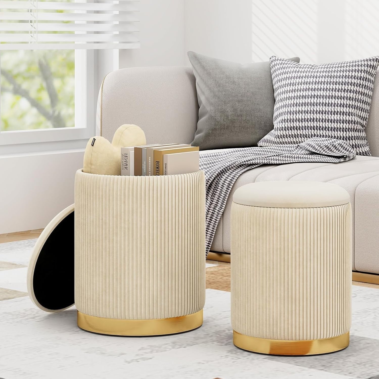 Set of 2 Beige Velvet Nesting Storage Footstools with Gold Trim Round Ottoman