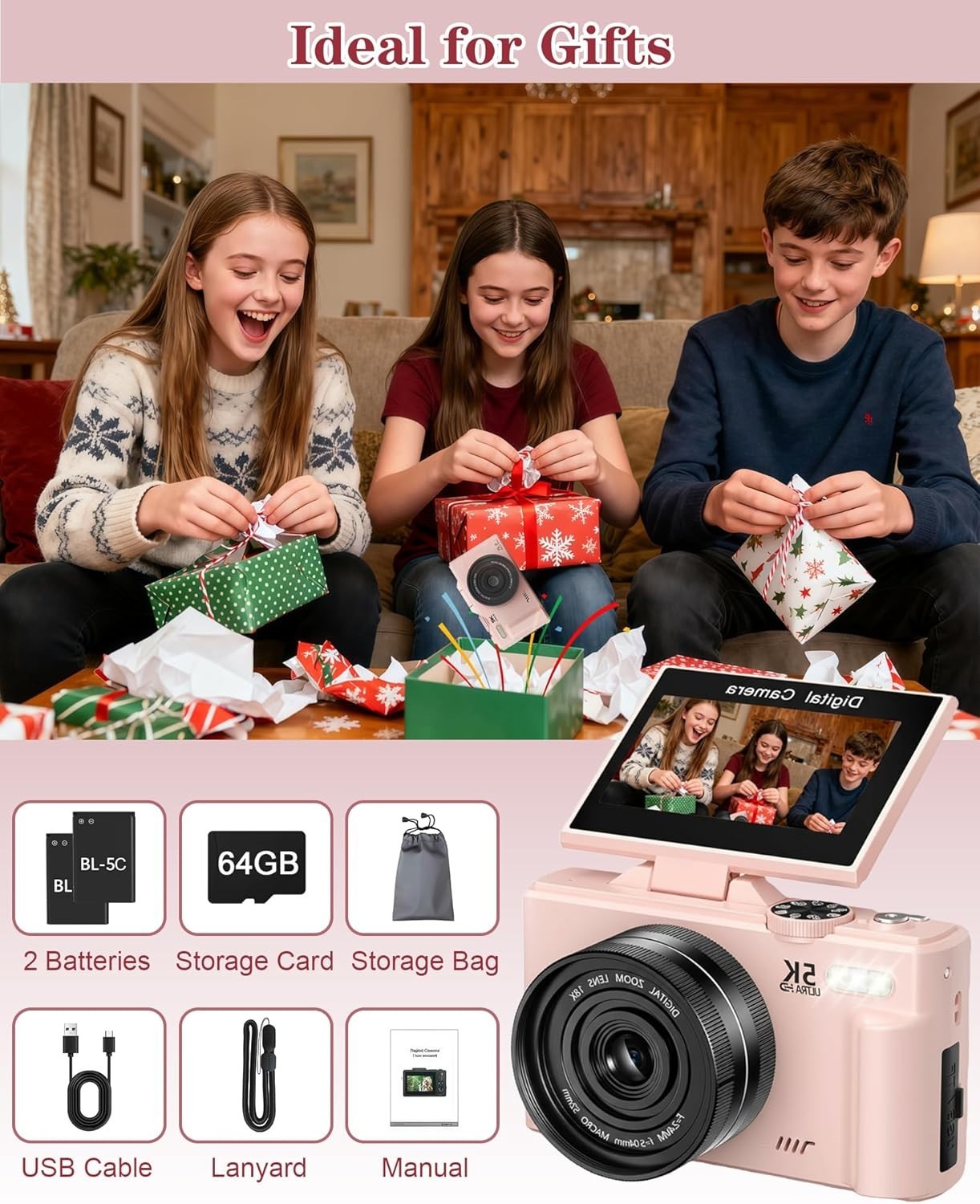 5K 75MP Vlogging Camera WiFi Flip Screen Pink Camera 64GB Kit