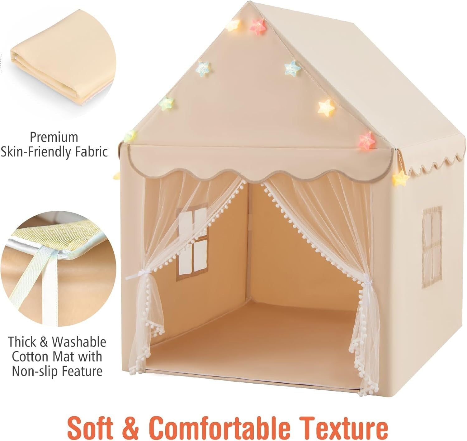 Beige Kids Fairy Castle Play Tent With Star Lights Washable Mat