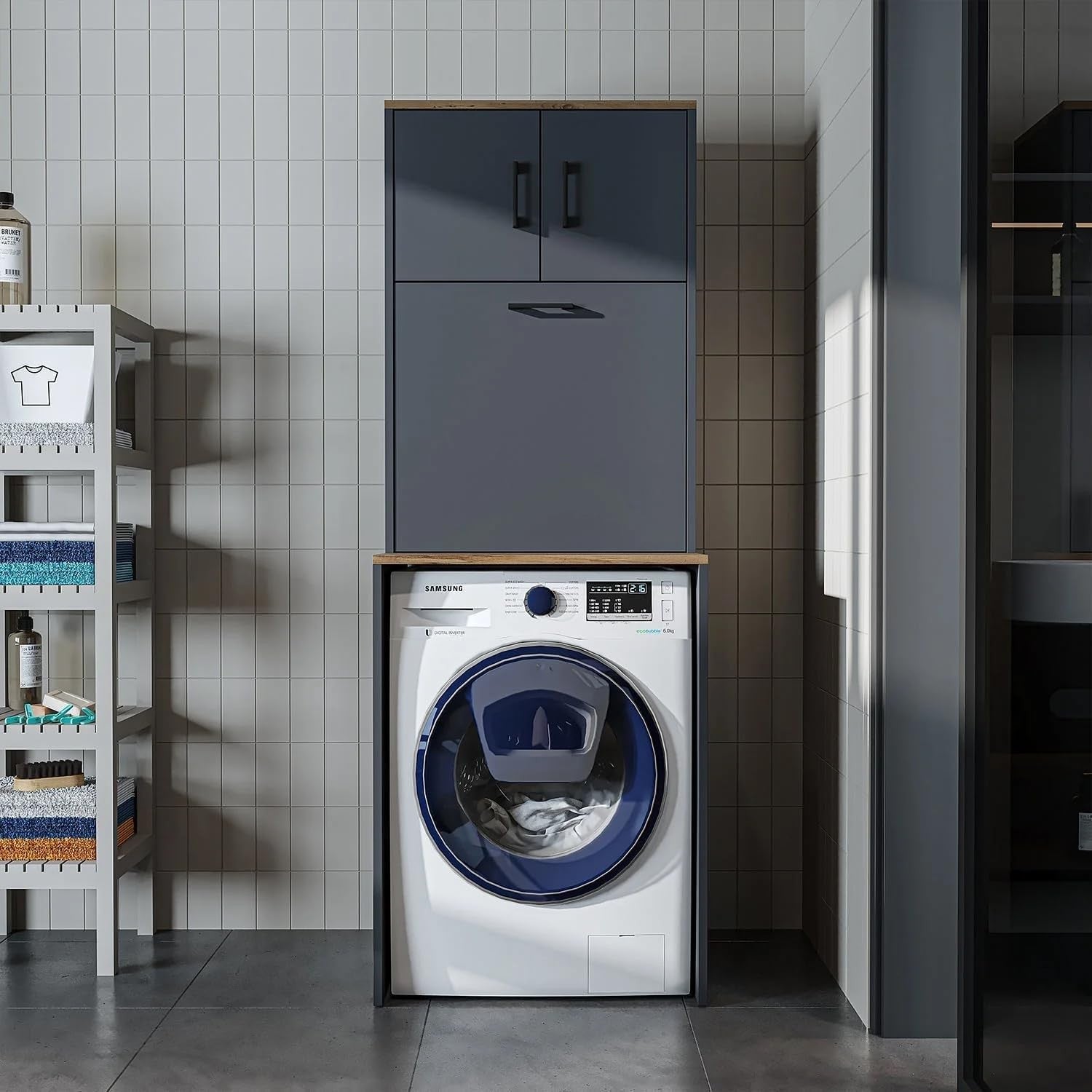 Anthracite Oak Washing Machine Cabinet with Cupboards & Laundry Basket 180cm