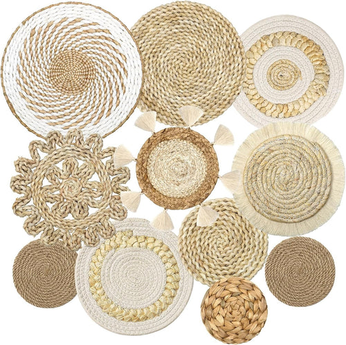 Set of 11 Boho Woven Wall Baskets 4"-12" Rustic Hanging Decor
