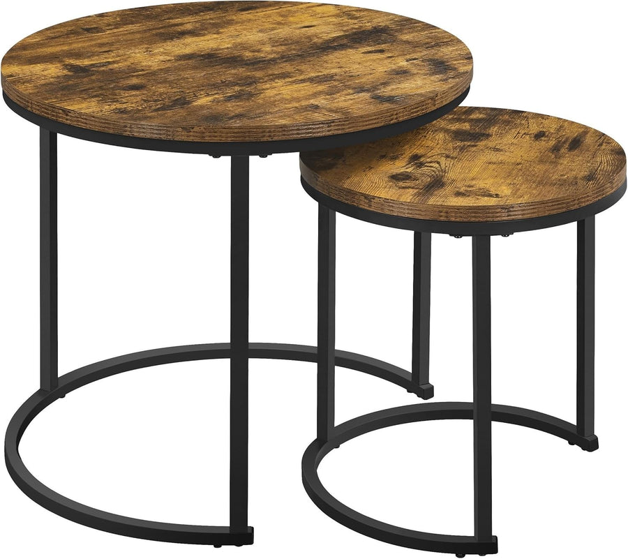 Space Saving Nesting Coffee Table Set 2 Round Rustic Wood Side End Tables Metal