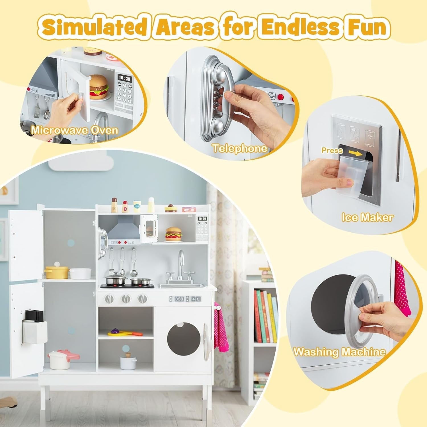Adjustable Wooden Kids Play Kitchen White w/ Lights Sounds Set