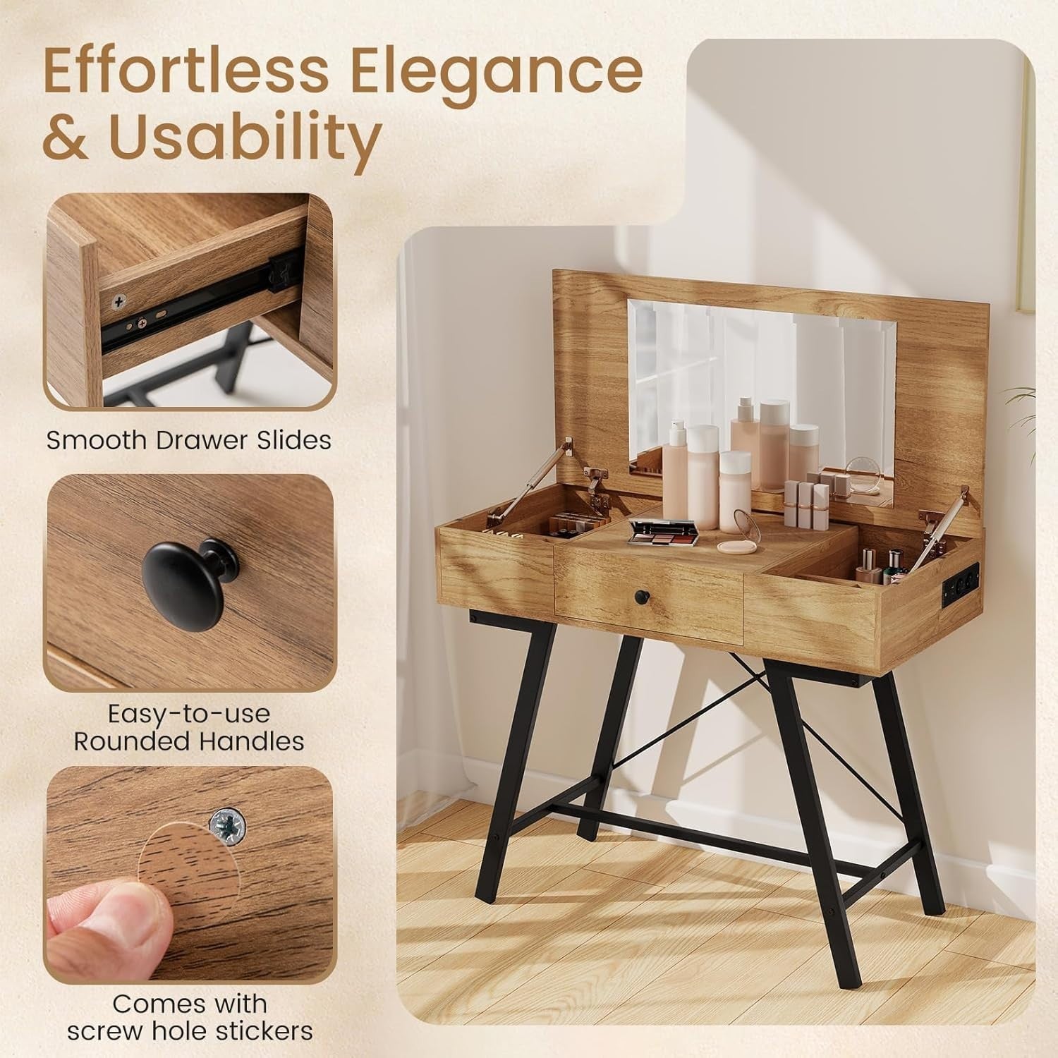 Flip Top Vanity Table Desk w/Mirror & Charging Station Rustic Wood Black