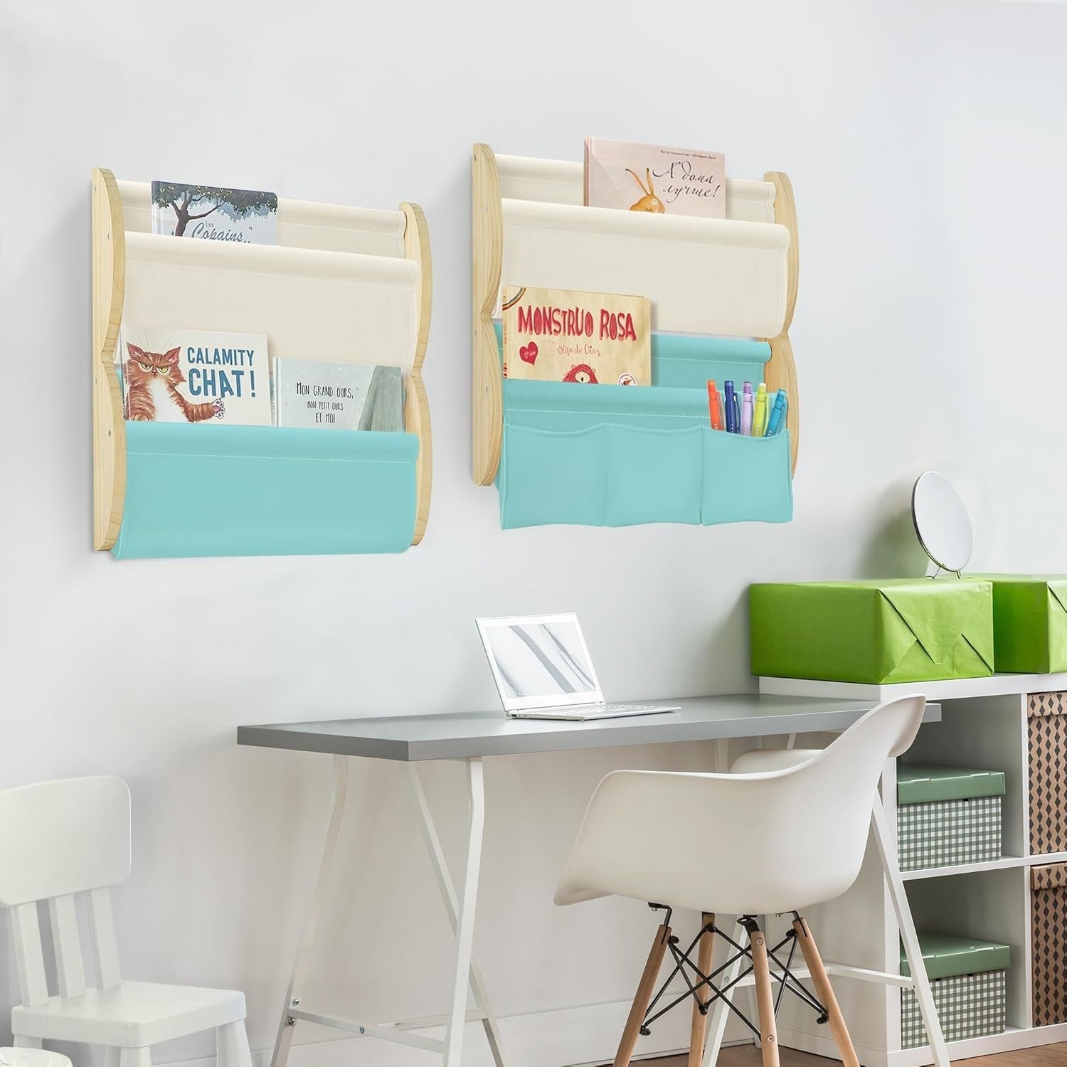 Kids Wall Mounted Bookshelf 4 Tier Floating Shelf with Pockets – Blue