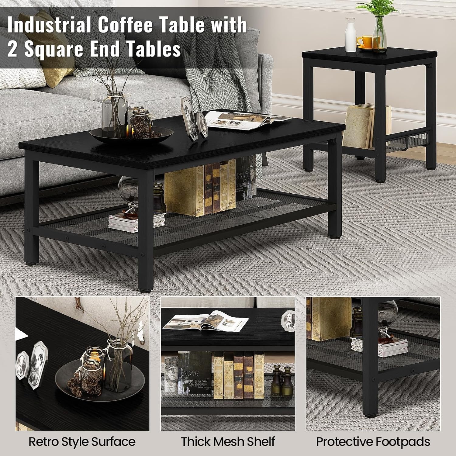 3-Piece Black Industrial Coffee Table Set – Metal Frame, Wood Top, Storage
