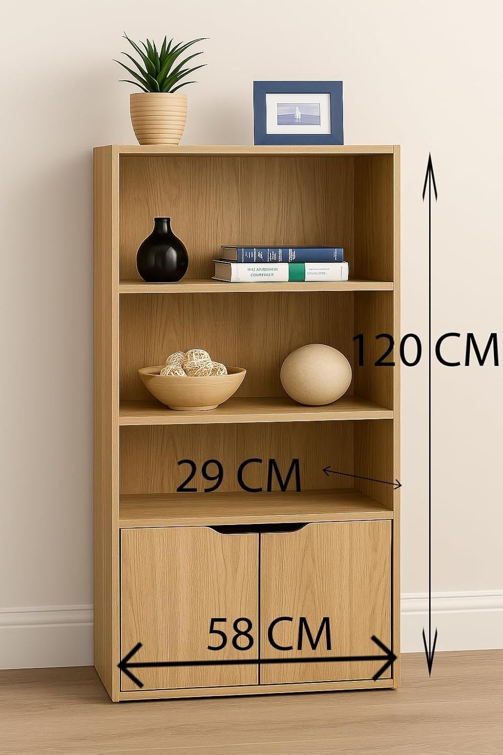 3-Shelf Oak Bookcase – Compact Wooden Storage Unit with Anti-Tip Kit
