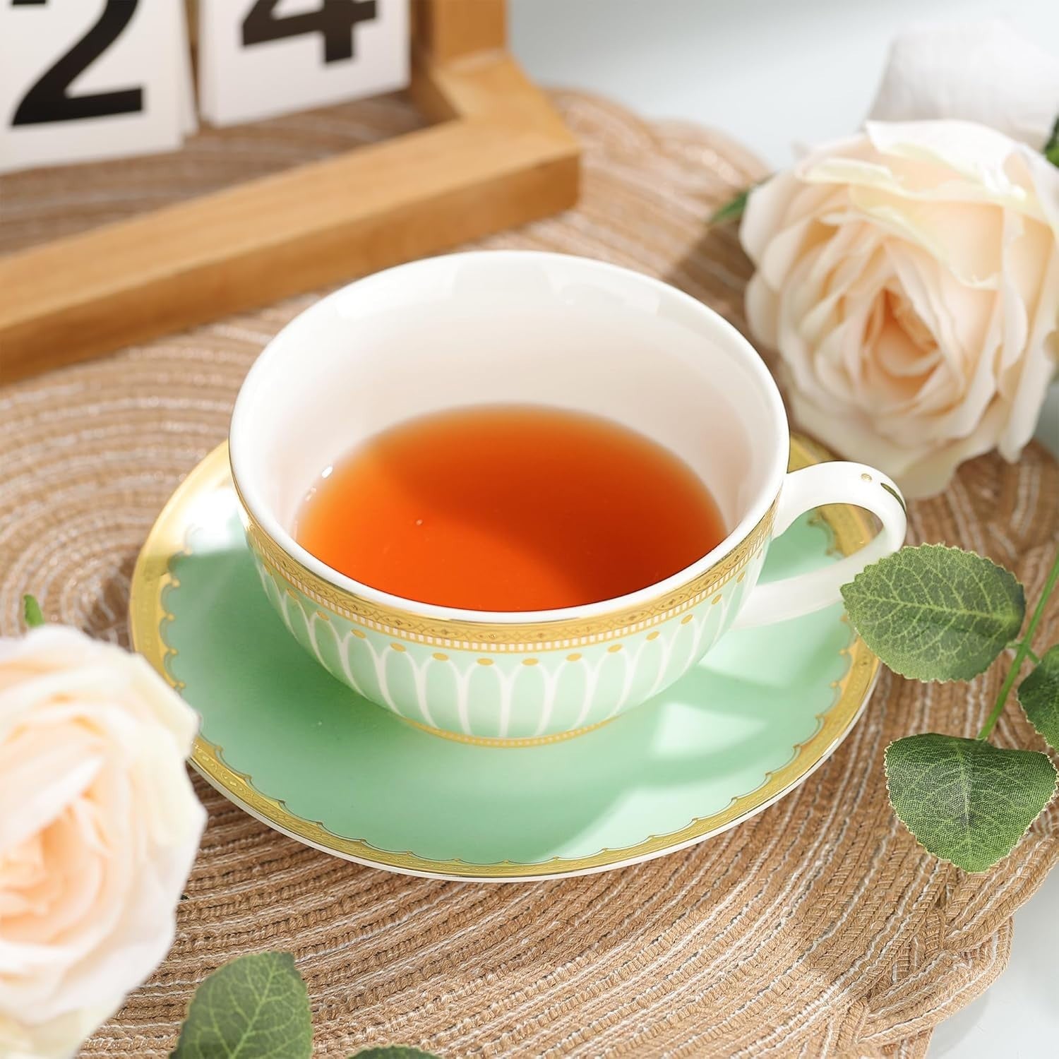 Porcelain Teapot Cup & Saucer Set Green Gold Afternoon Tea Set Gift