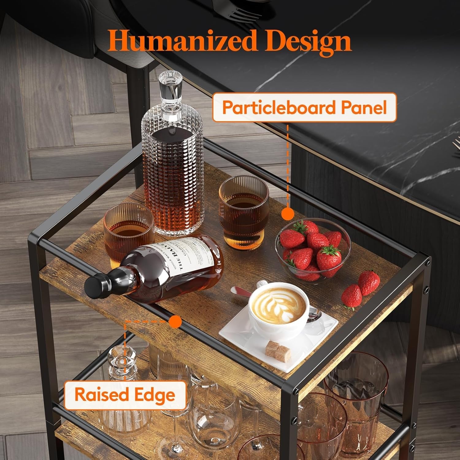3 Tier Drinks Trolley Bar Cart on Wheels Rustic Serving Cart with Storage