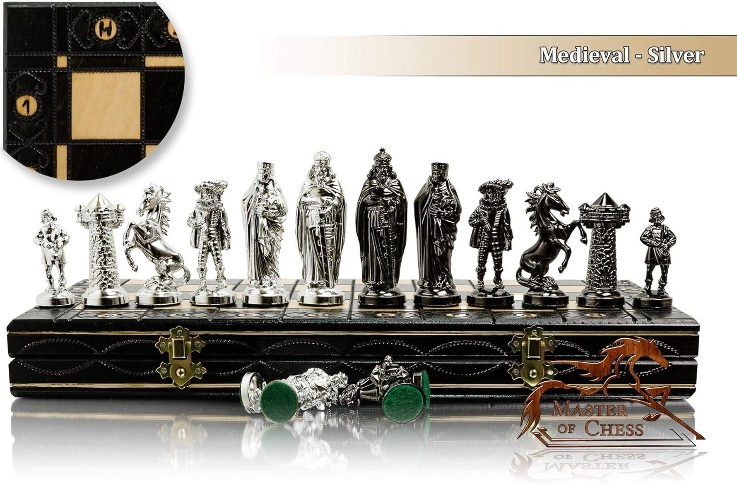 41cm Chrome Medieval Chess Set | Luxury Folding Board | Weighted Metal Pieces
