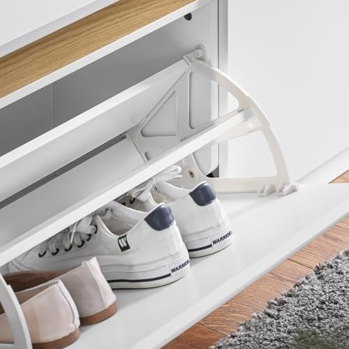 White Shoe Storage Bench with Padded Seat & 2 Flip Drawers – Hallway