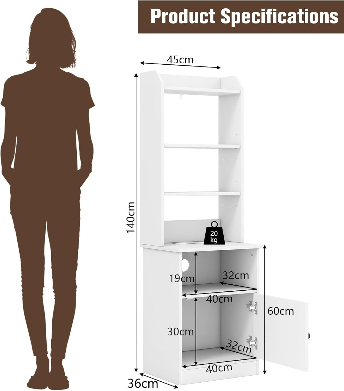 140cm Tall White Bedside Table with Charging Station & Adjustable Bookshelf Stor
