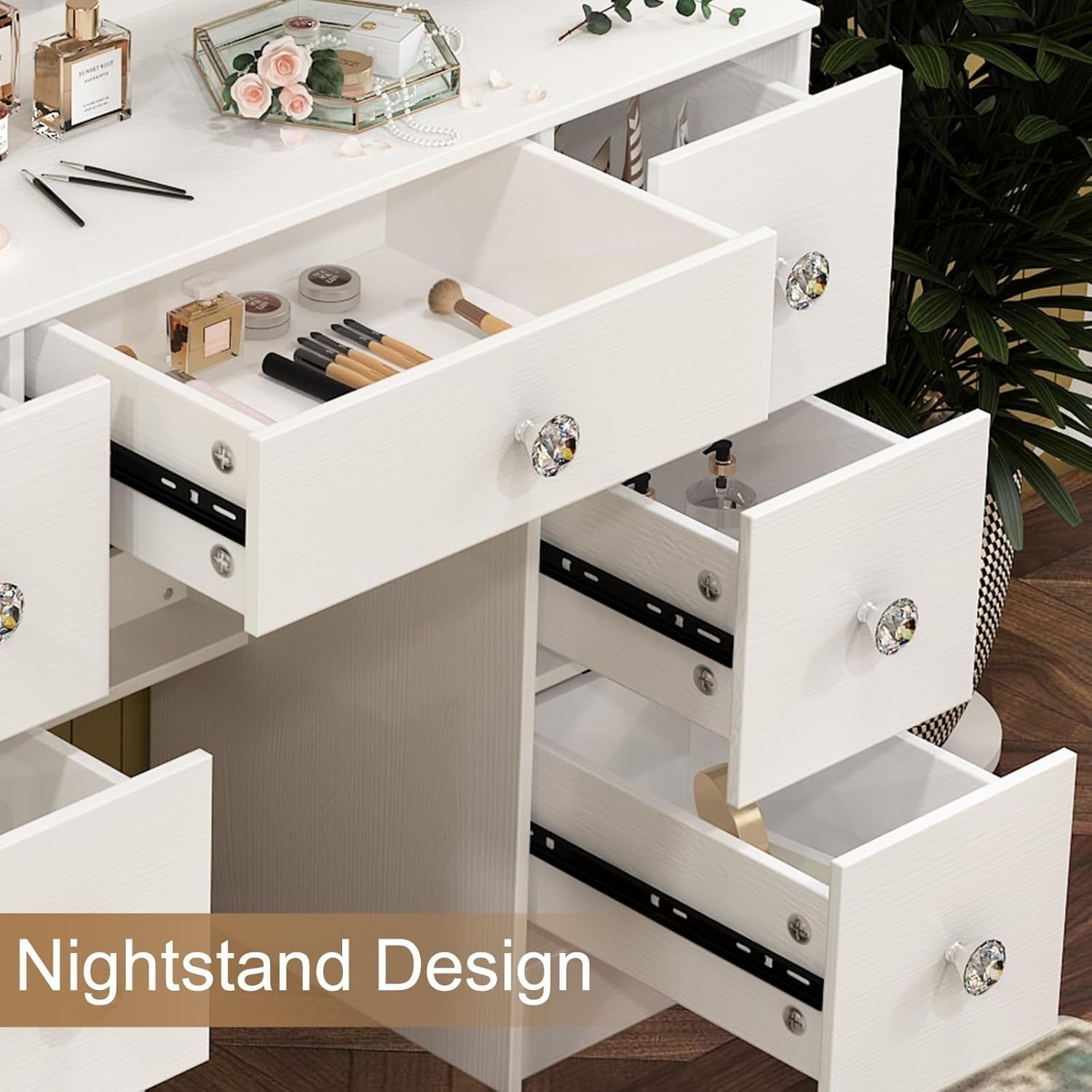 White Vanity Makeup Dresser Table 7 Drawers Large Mirror 3-Color LED Light Stool