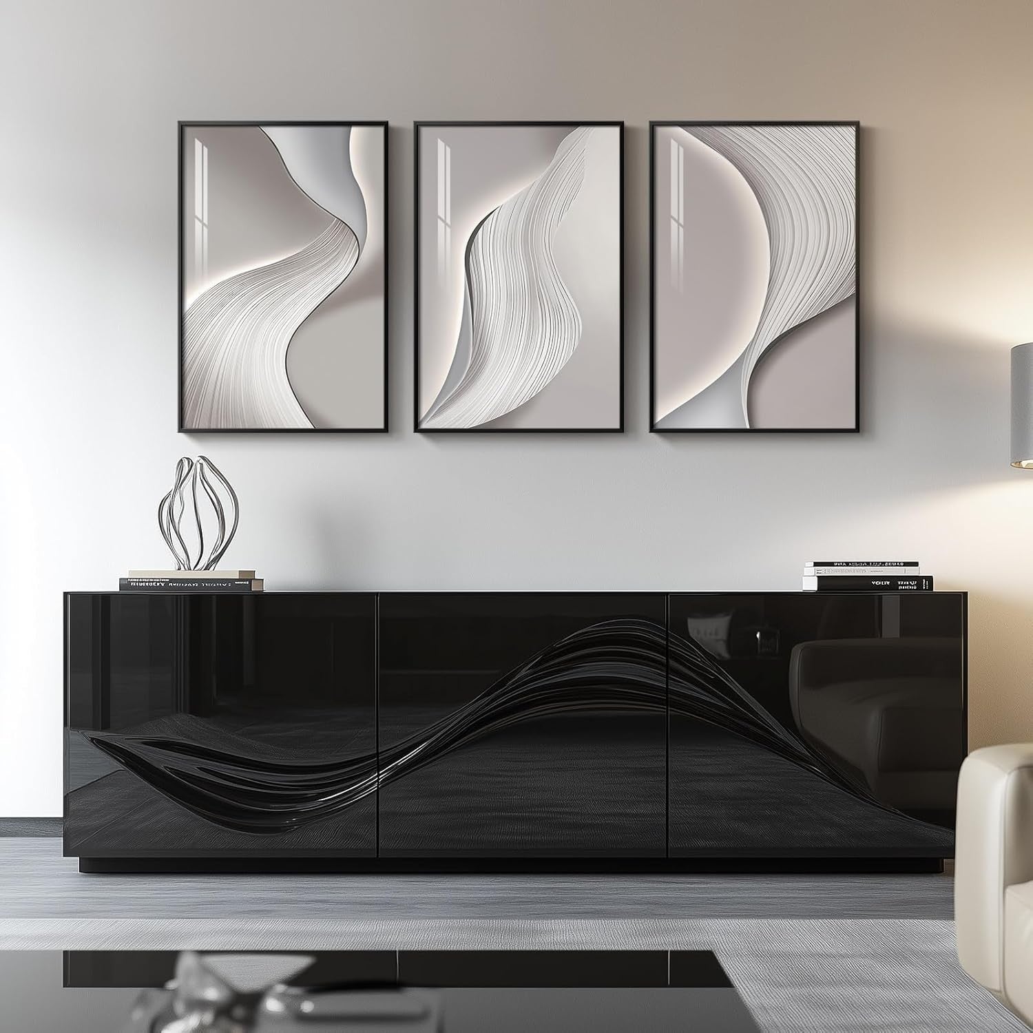 Framed Abstract Wall Art Set of 3 Grey Silver Modern Prints