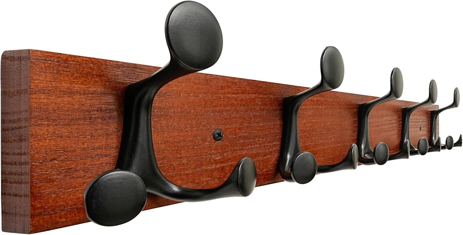 Rustic Cherry Wood Wall Coat Rack 61cm – 5 Triple Hooks Heavy Duty Hanger
