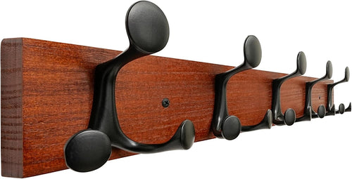 Rustic Cherry Wood Wall Coat Rack 61cm – 5 Triple Hooks Heavy Duty Hanger