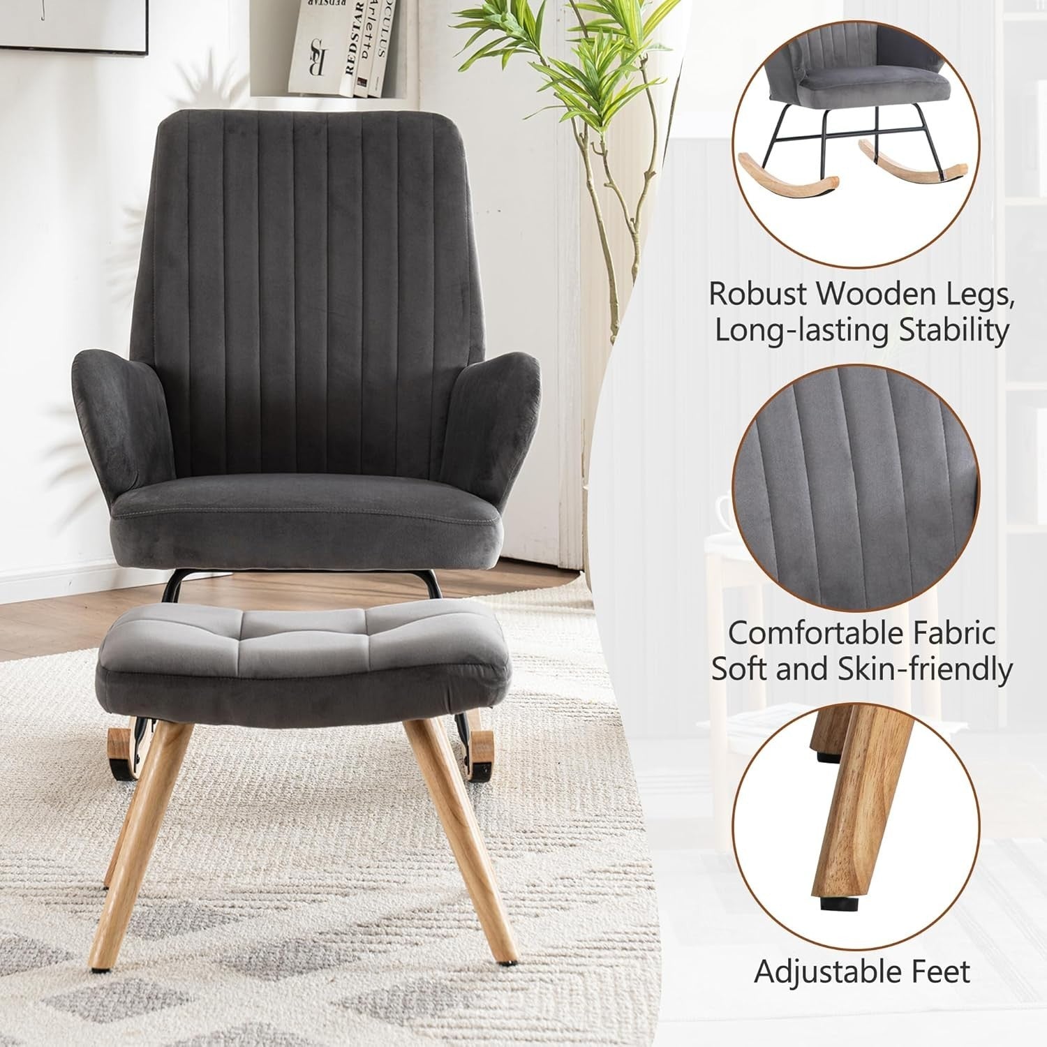 High Back Rocking Chair with Footstool, Armchair for Lounge Bedroom