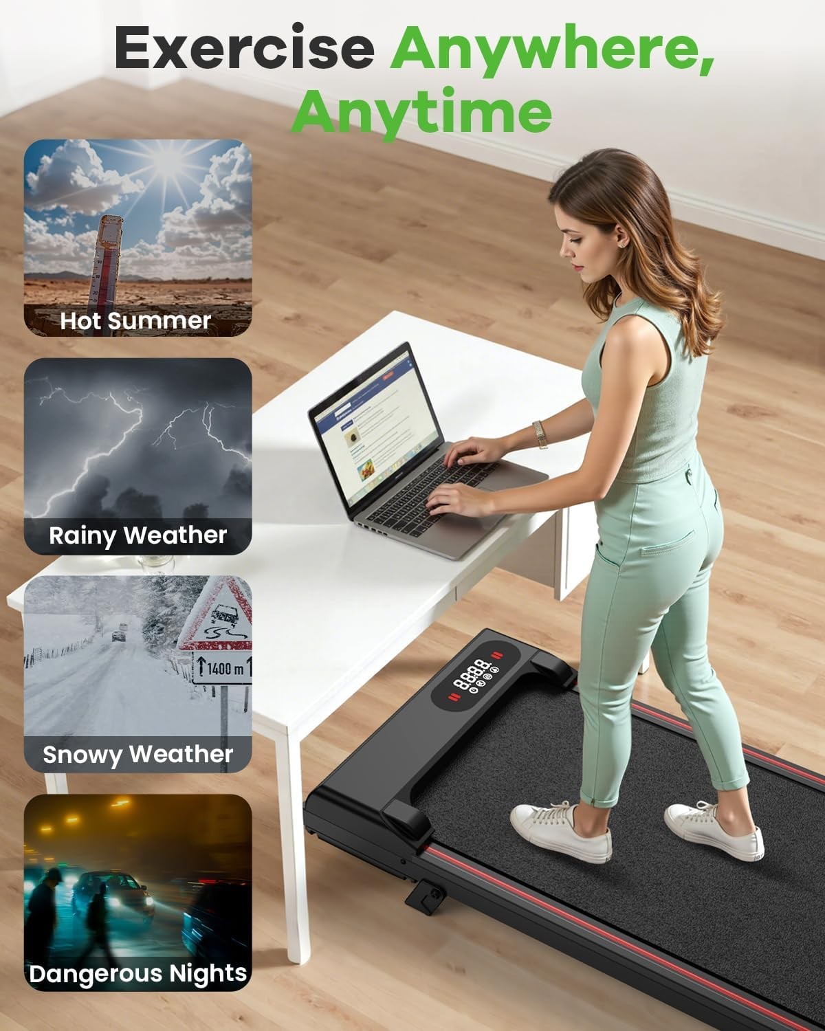 Under Desk Treadmill 1-8km/h with Incline | Quiet Home Walking Pad, LED Display