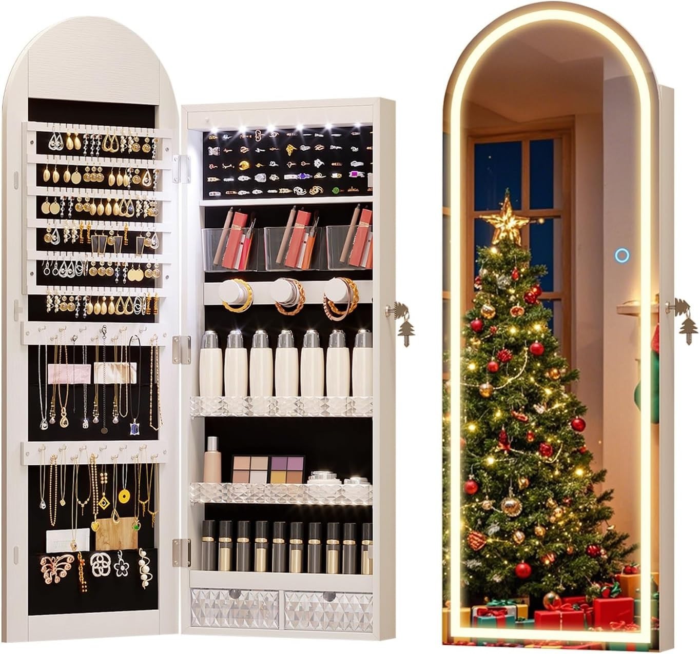 LED Arched Jewelry Armoire Wall or Door Mounted Lockable Mirror White