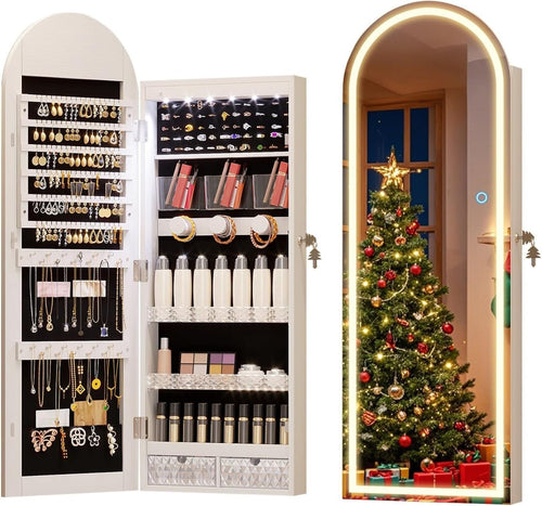 LED Arched Jewelry Armoire Wall or Door Mounted Lockable Mirror White