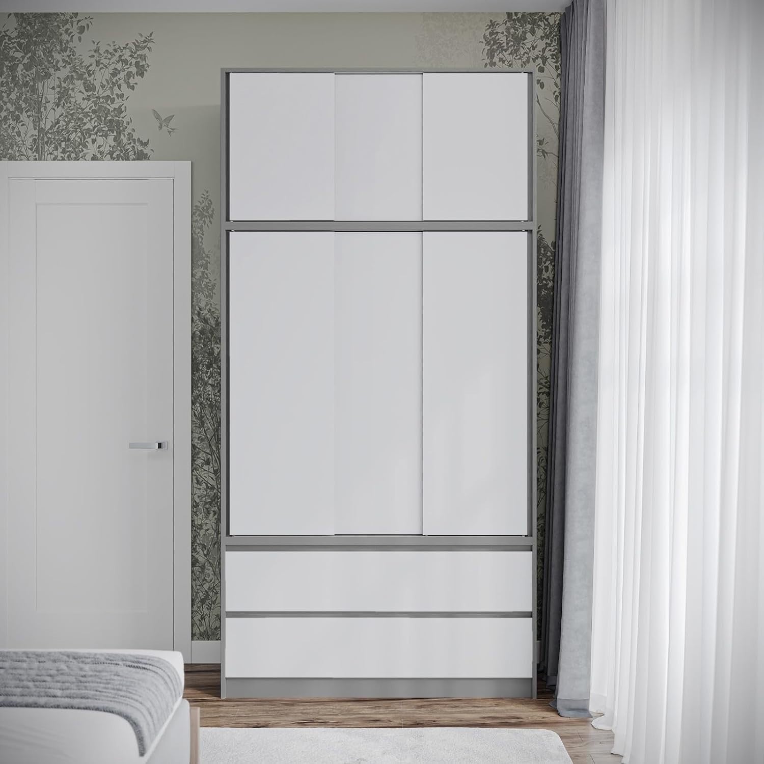 White Sliding Wardrobe 240cm 6 Doors 4 Drawers Modern Bedroom Closet Storage