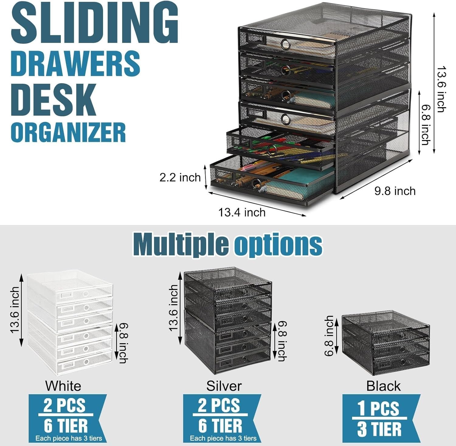 3-Tier Desk Organizer with Drawer | Mesh Metal File & Paper Storage, A4