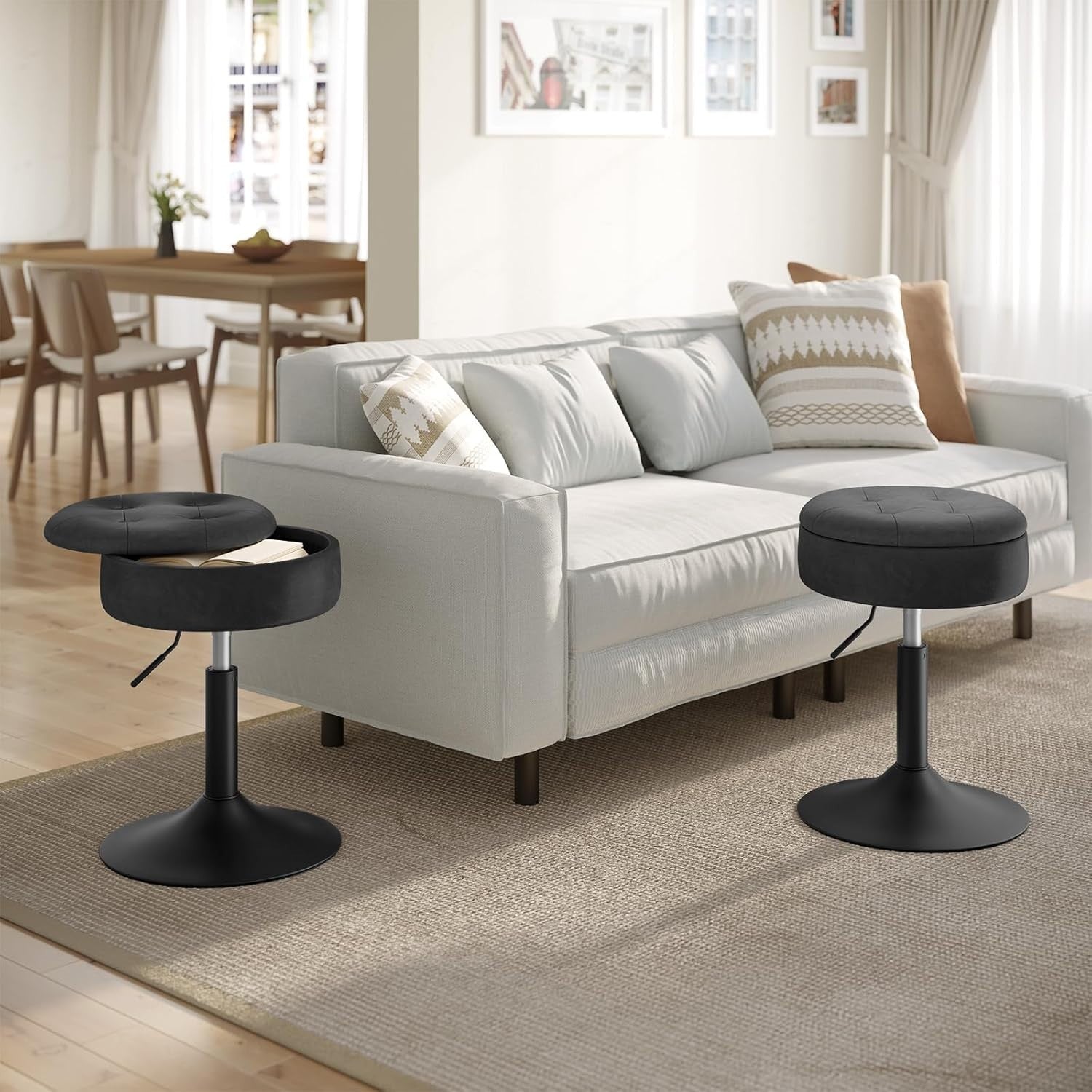 Anthracite Swivel Vanity Stool with Storage Adjustable Faux Leather Seat