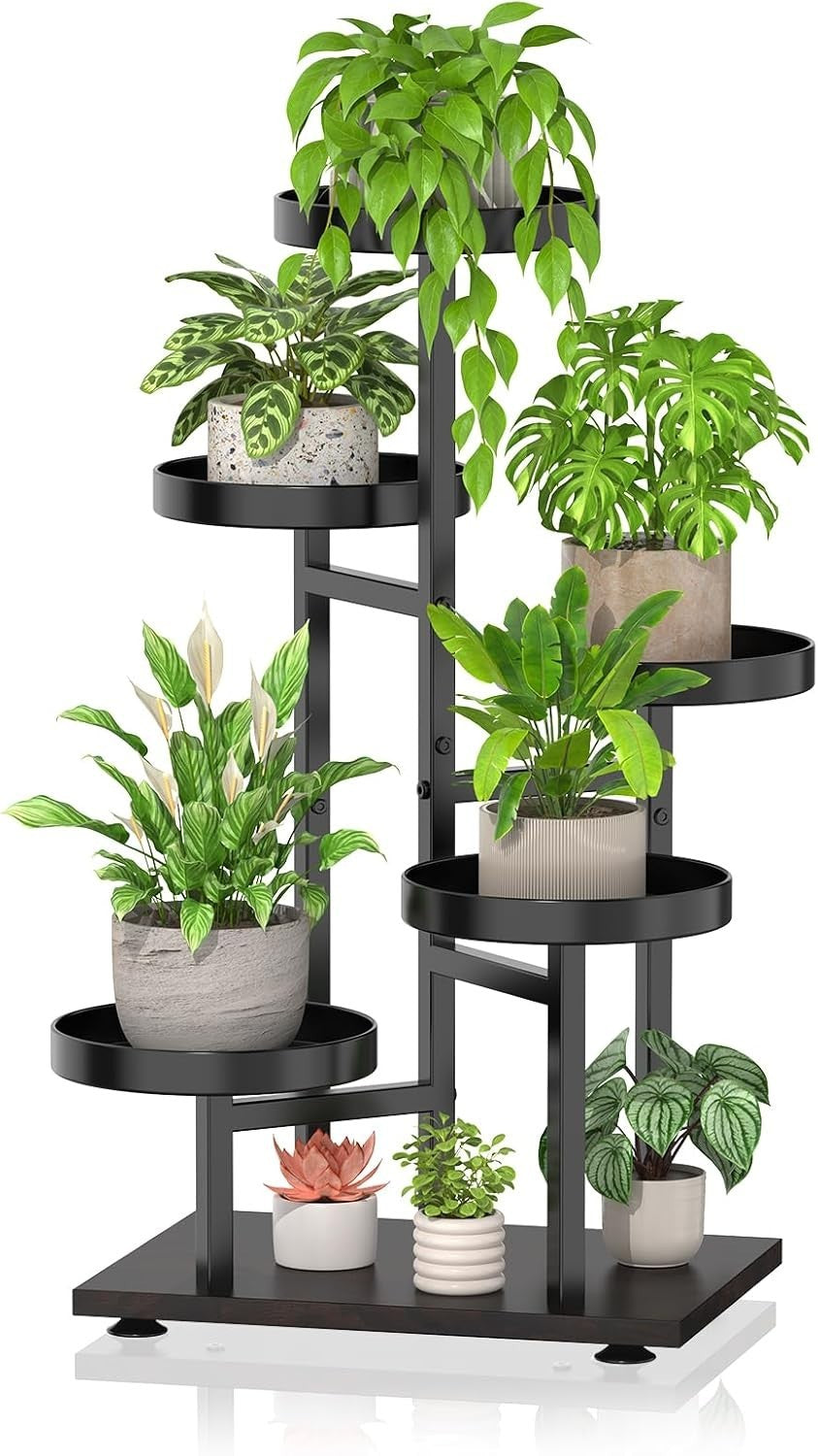 5-Tier Black Walnut Metal & Wood Plant Stand | Corner Indoor Outdoor Shelf