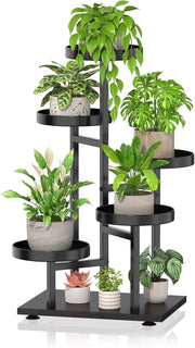 5-Tier Black Walnut Metal & Wood Plant Stand | Corner Indoor Outdoor Shelf