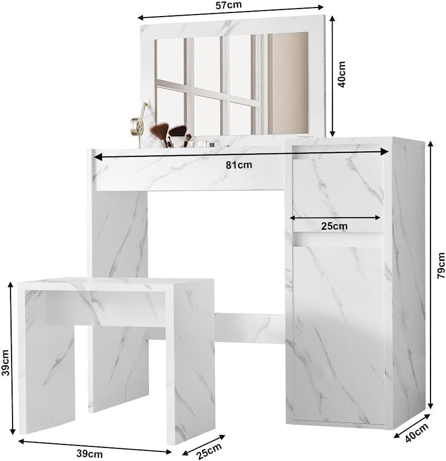 2-in-1 Vanity Dressing Table Desk Flip Mirror Stool Storage Drawer White Wood