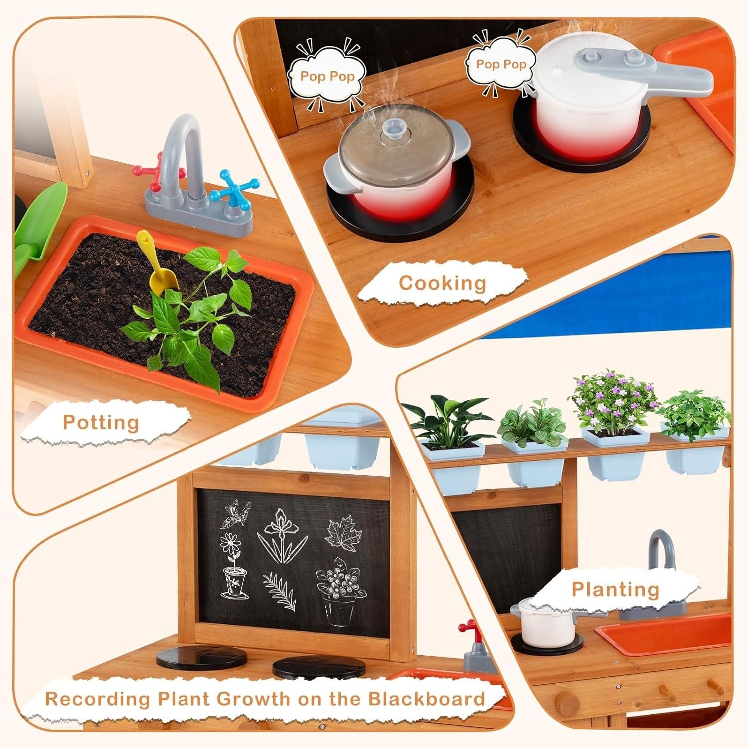 Outdoor Mud Kitchen Kids Playset w/ Canopy Sink Pots Chalkboard