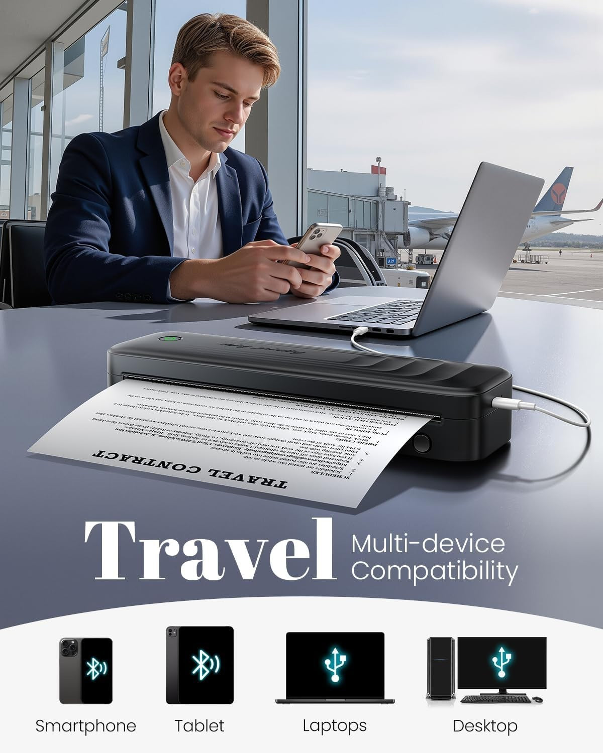 Portable A4 Thermal Printer Black Bluetooth Inkless w/ Case & 4 Paper Rolls