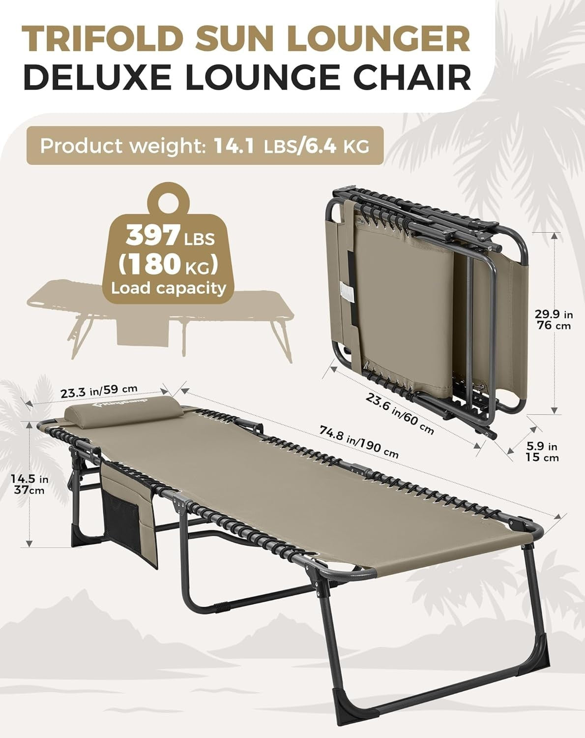Adjustable Reclining Sun Lounger Folding Outdoor Bed 5 Position 150kg Max