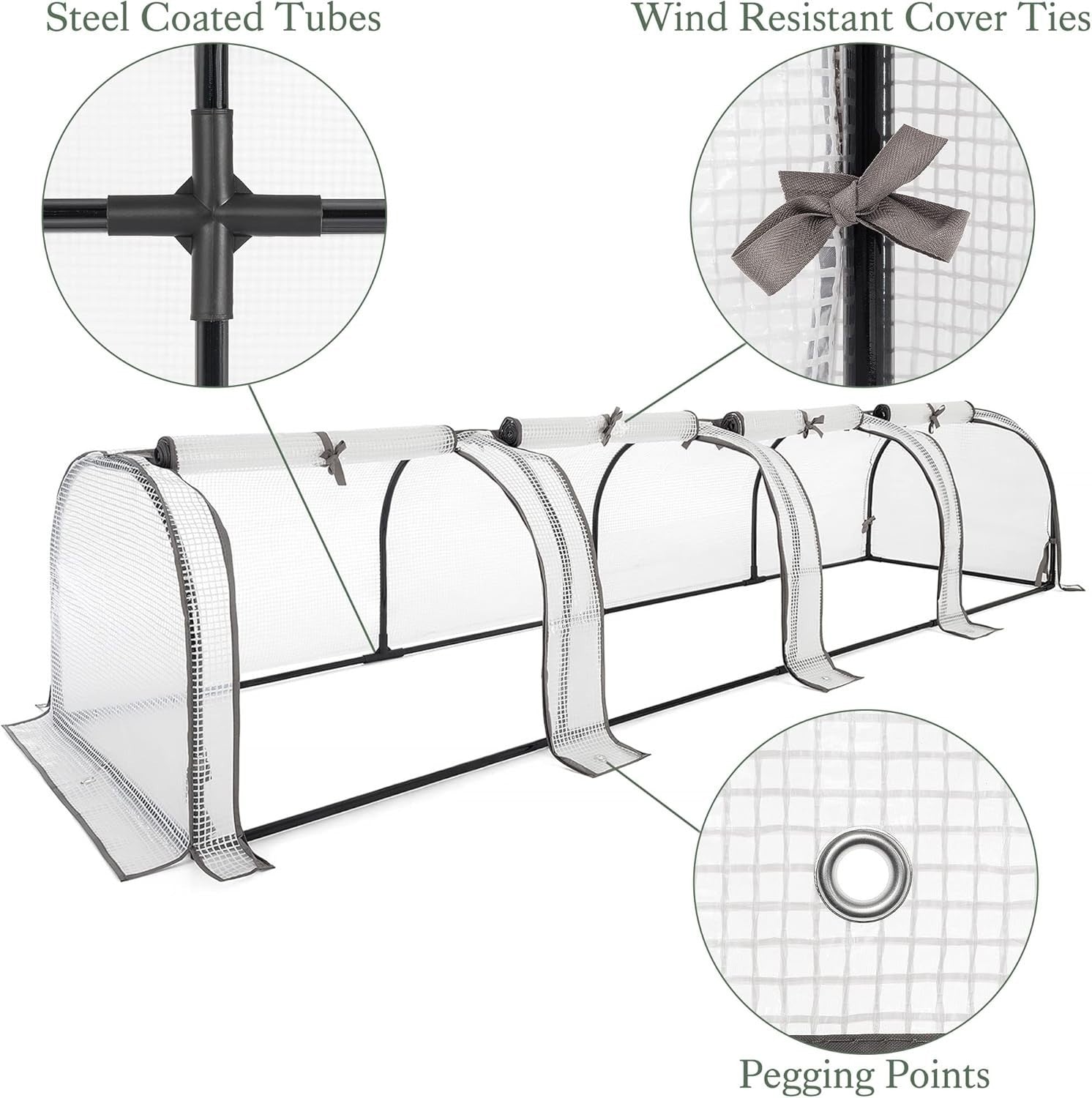 4-Section Grow Tunnel Greenhouse 2.6m with Reinforced PVC Mesh Cover & Doors