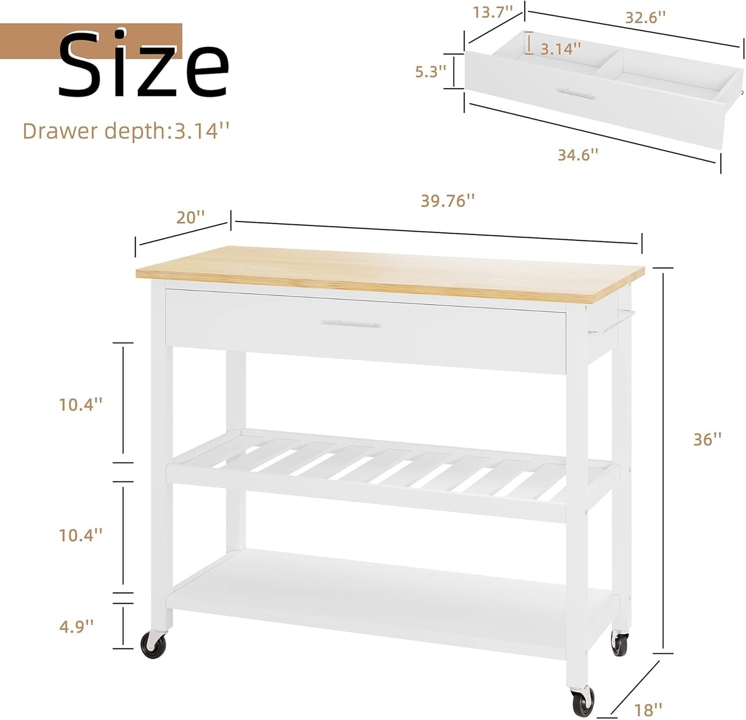 Rolling Kitchen Island Cart White Wood | Cabinet, Drawers, Shelves 101cm
