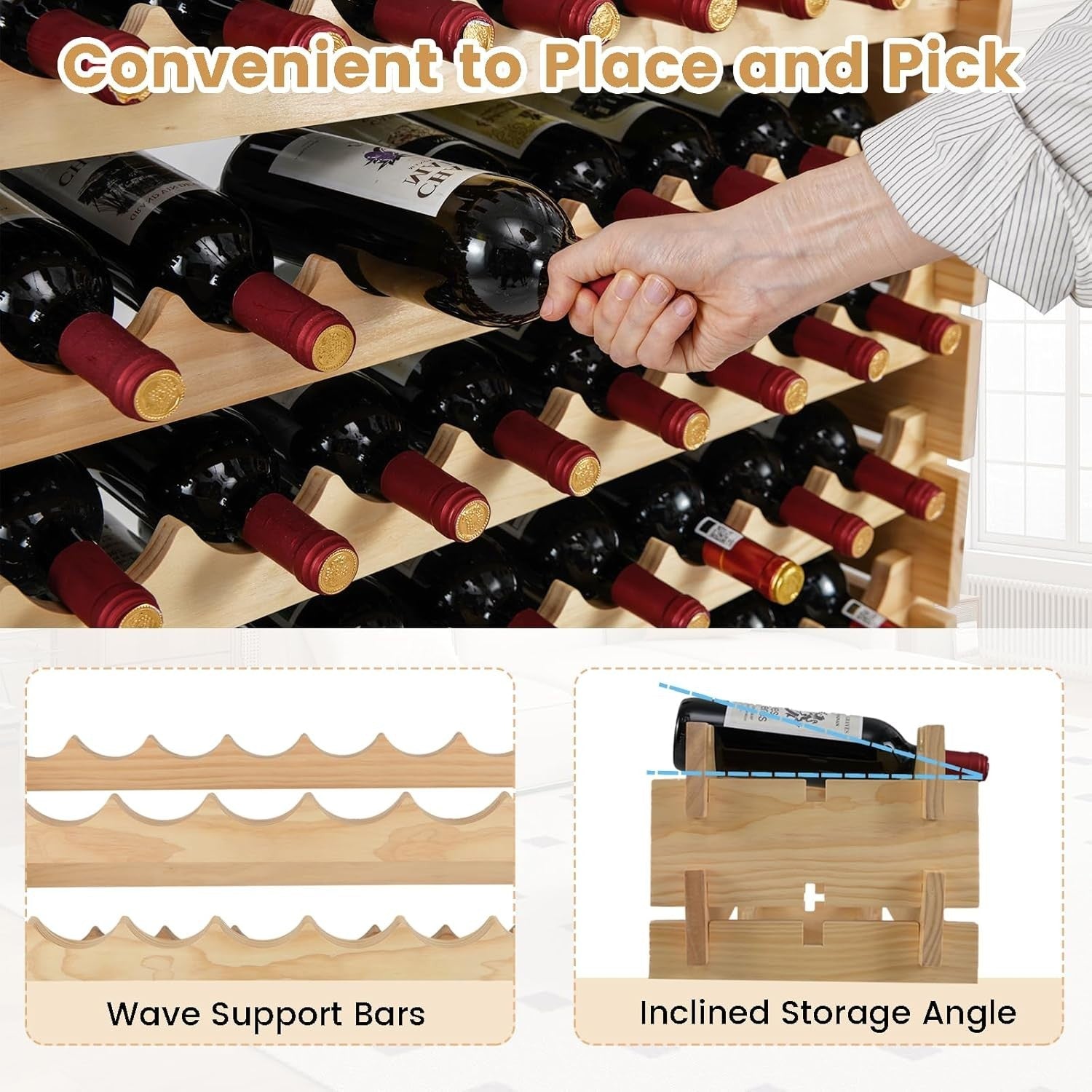 108 Bottle Wine Rack Large 6 Tier Natural Wood Stackable Storage Cellar Bar