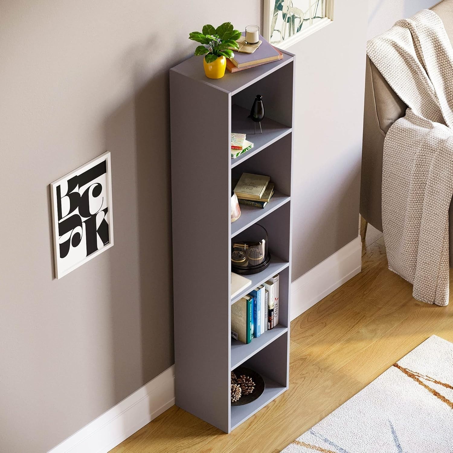 5 Tier Grey Wooden Cube Bookcase Small Storage Shelf for Living Room Office