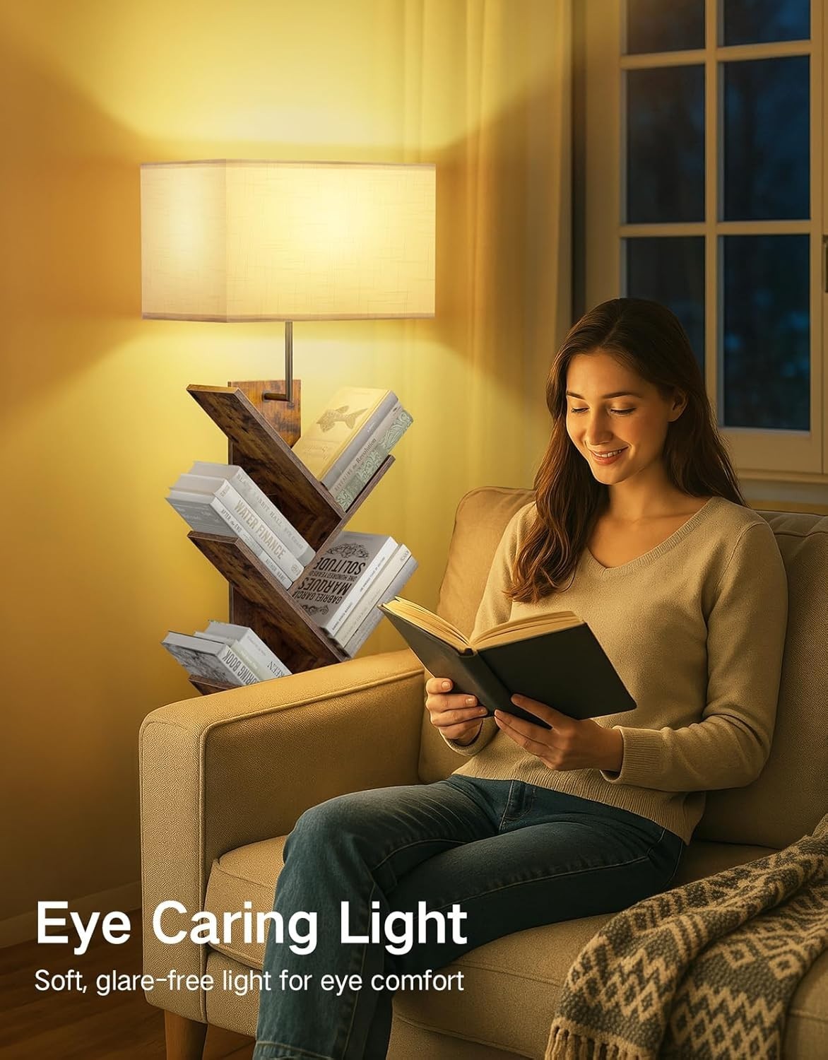 9 Tier Tree Bookshelf with LED Lamp Remote Rustic Brown Tall Narrow Shelf