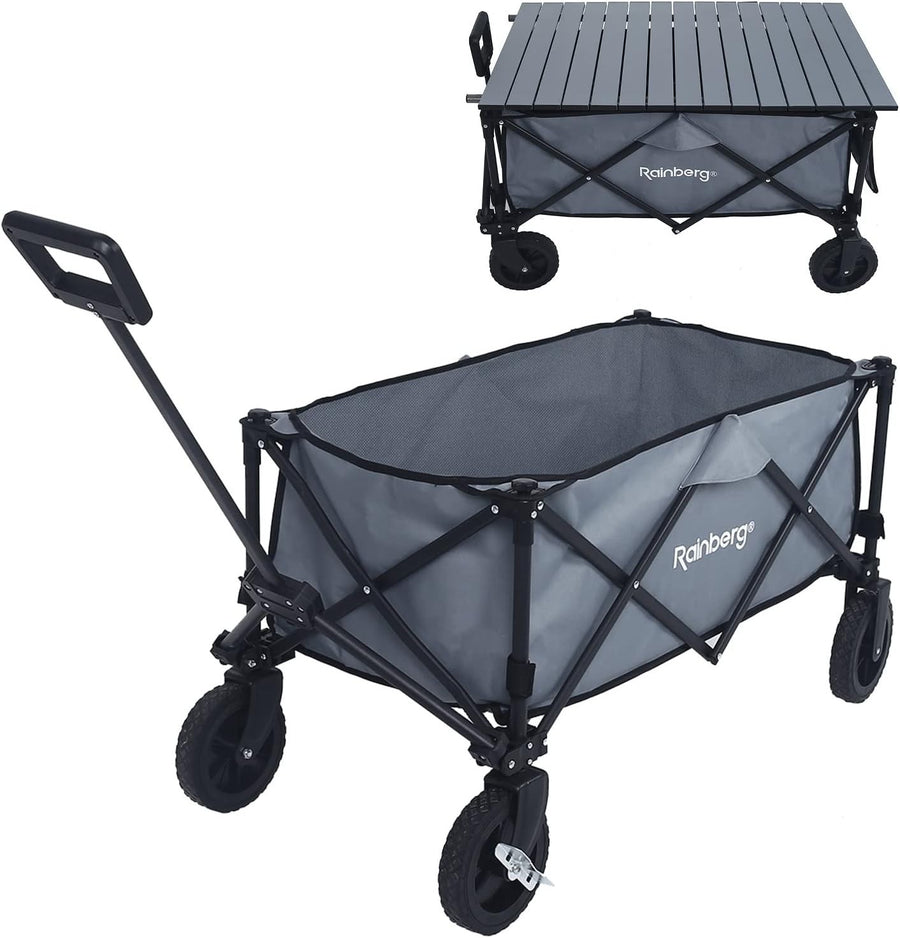 Grey Folding Camping Wagon 120kg Trolley w/ Table Top, Adjustable Handle & Bag