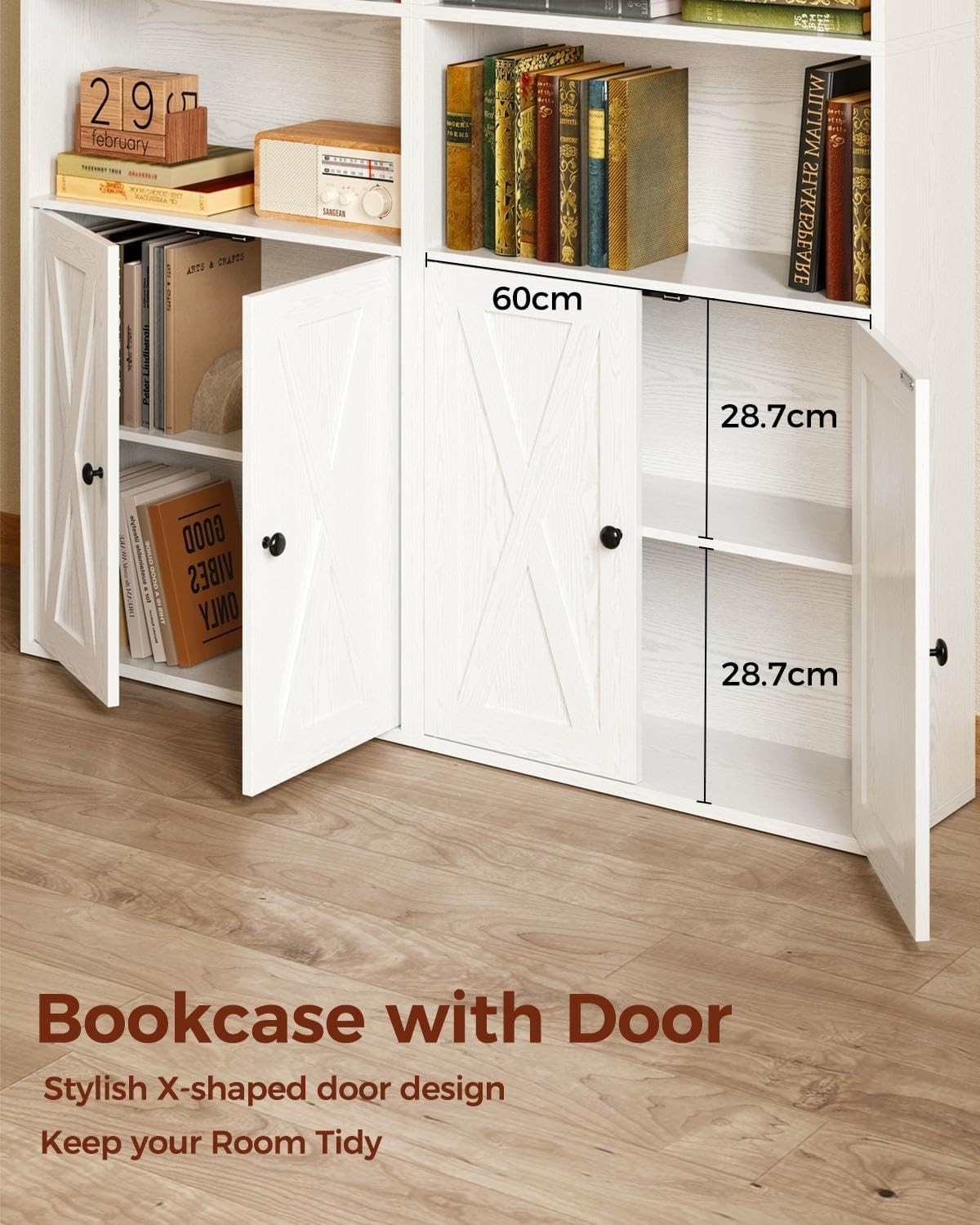 6 Tier Tall White Bookcase with Doors Storage Display BookShelf 60x23.5x180cm