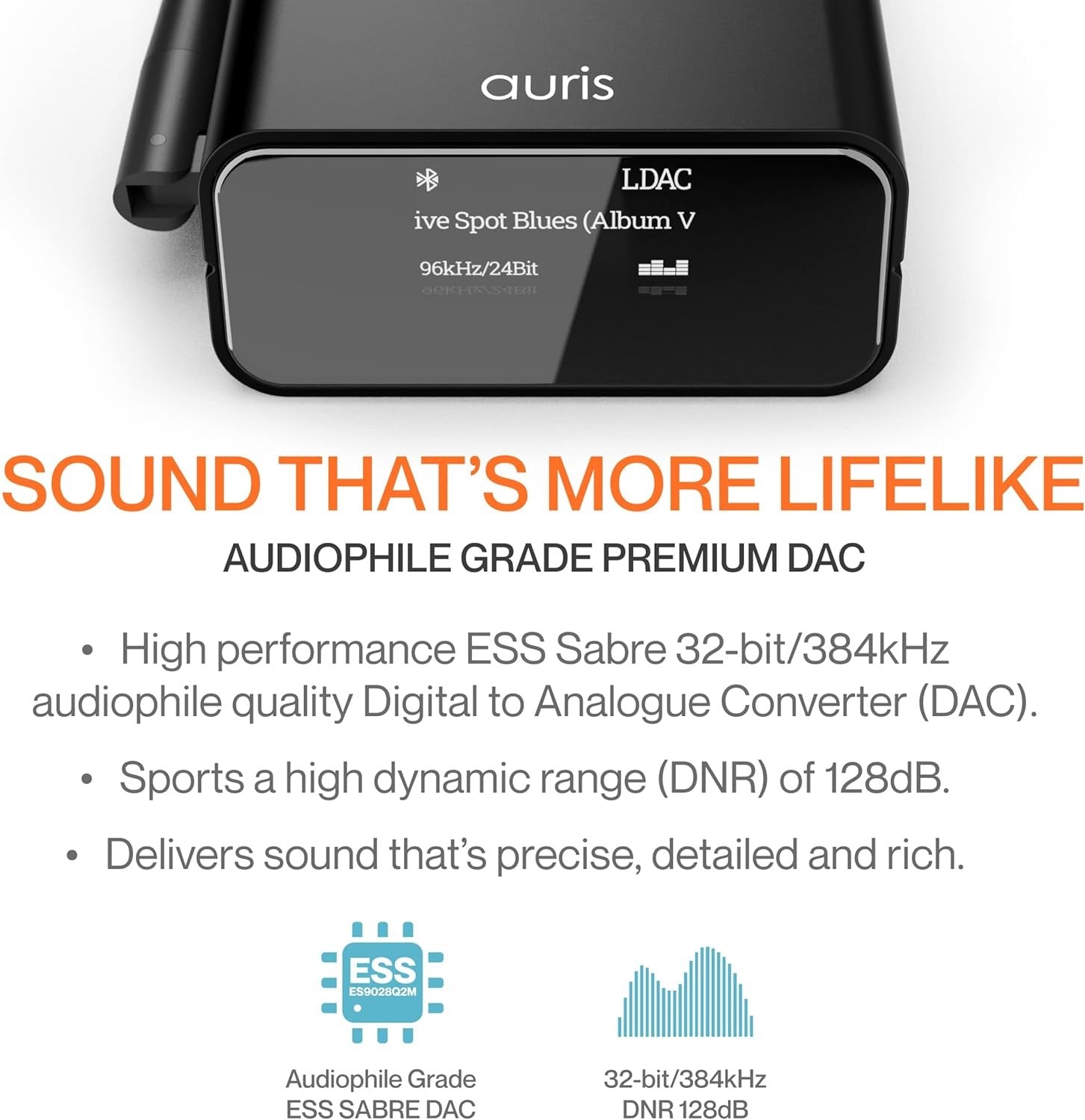 HiFi Bluetooth 5.3 Receiver Black Long Range LDAC aptX HD OLED